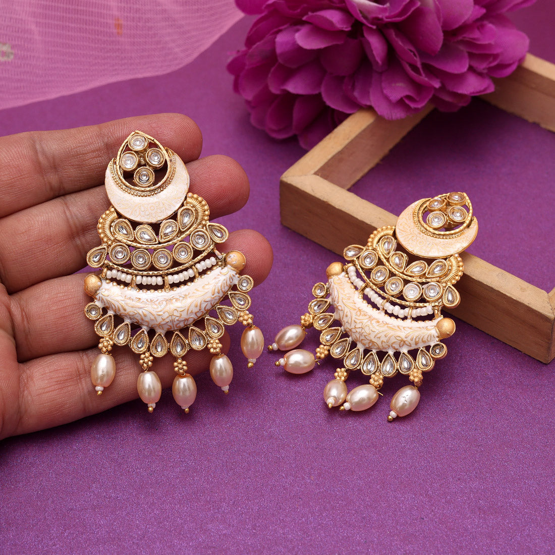Gold Color Kundan Meenakari Earrings (MKE2012GLD)
