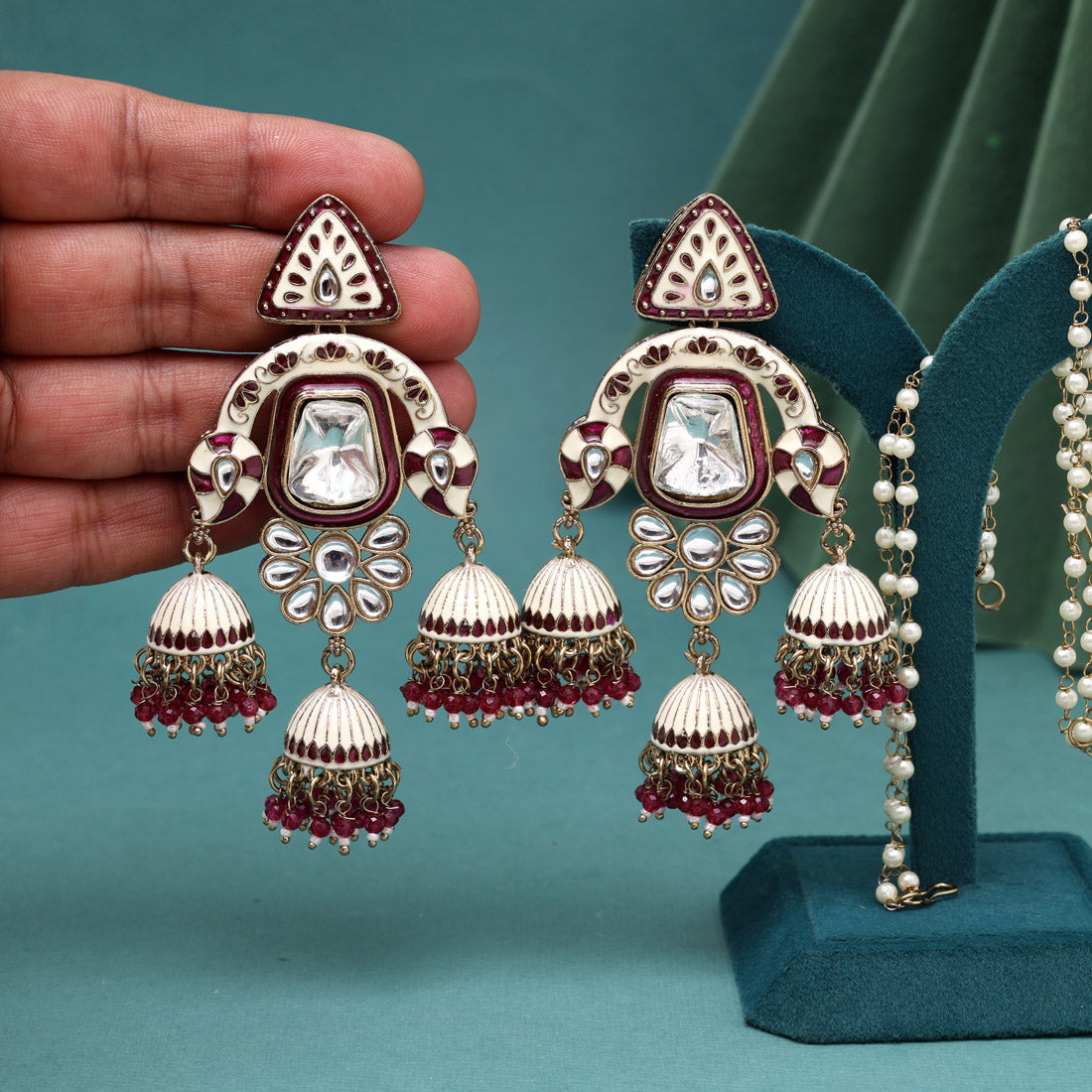 Magenta Color Kundan Meenakari Earrings (MKE2014MNT)