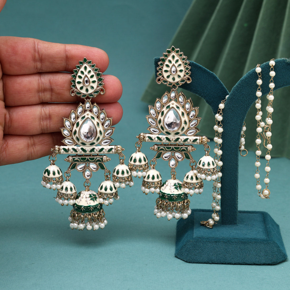 Green Color Kundan Meenakari Earrings (MKE2016GRN)