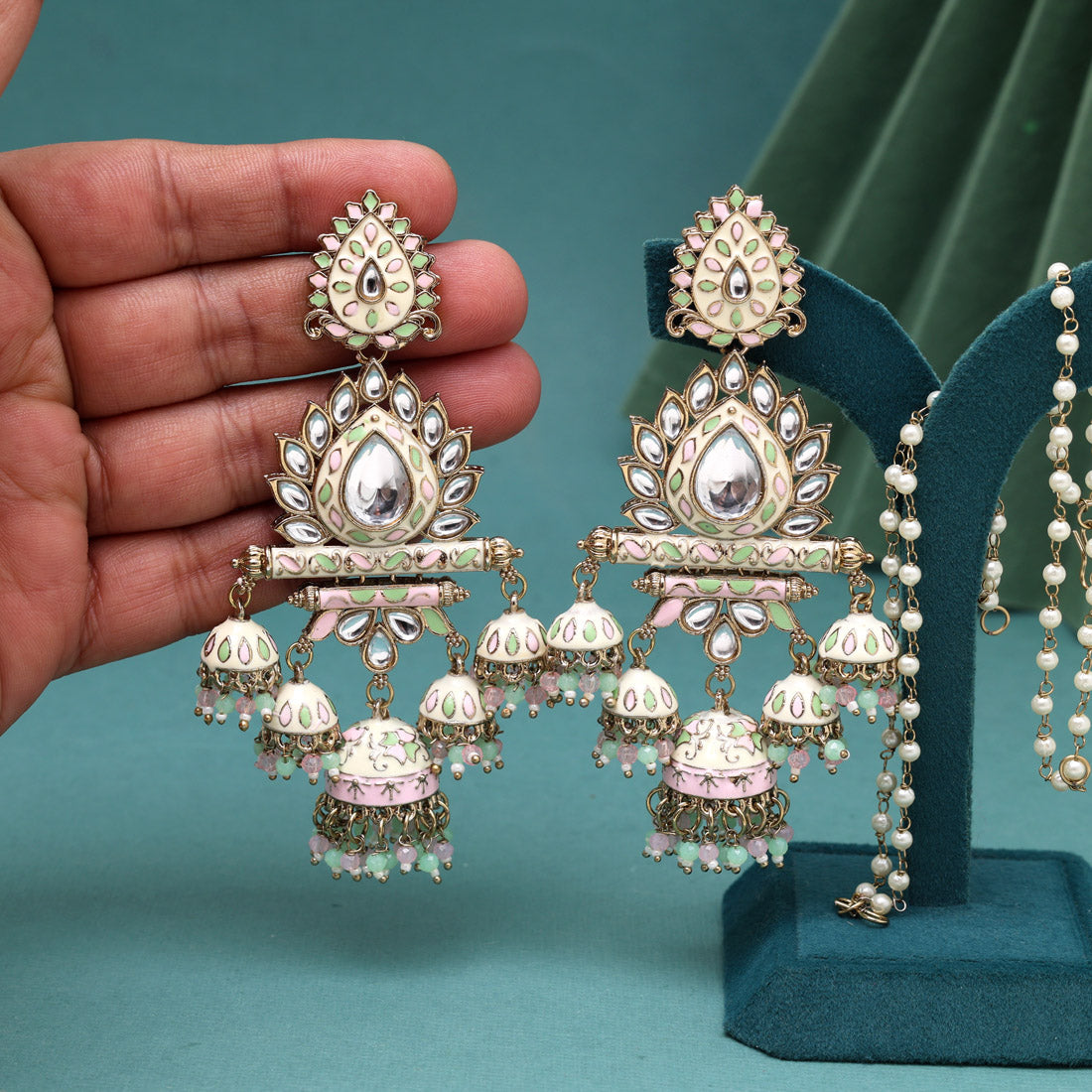Pink & Pista Green Color Kundan Meenakari Earrings (MKE2016PNKPGRN)