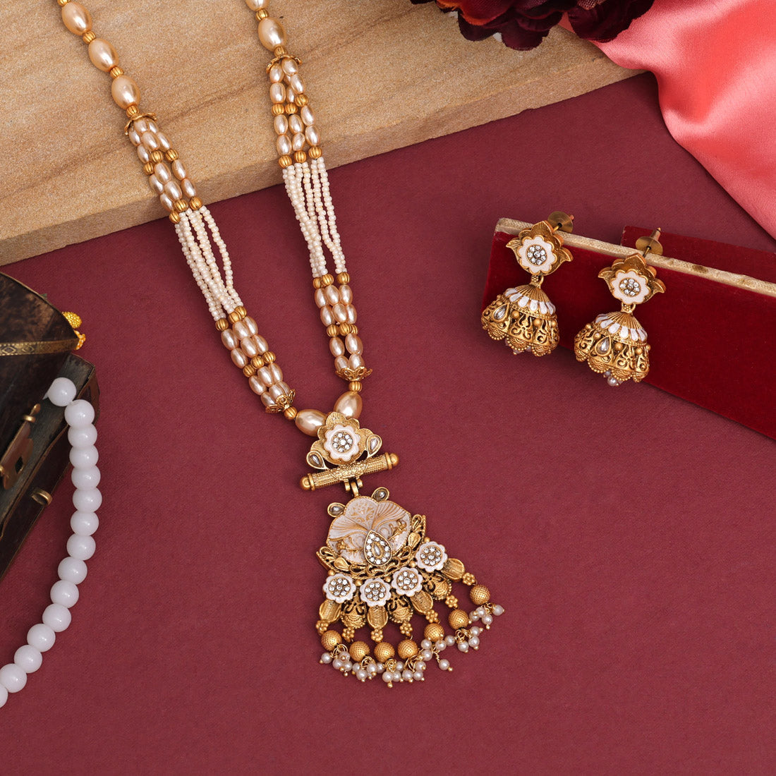 Gold Color Long Meenakari Matte Gold Necklace Set (MKN564GLD)