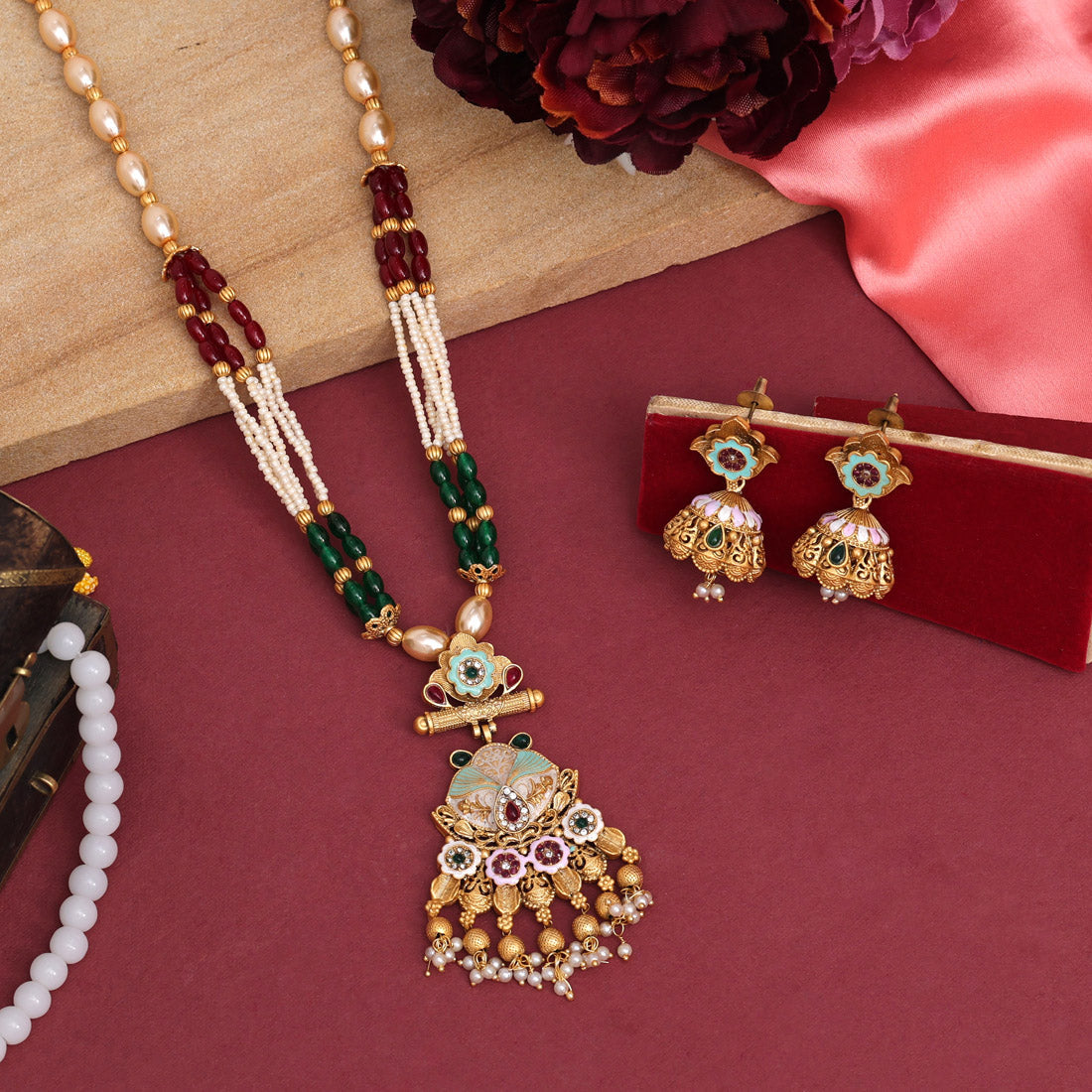 Multi Color Long Meenakari Matte Gold Necklace Set (MKN564MLT)