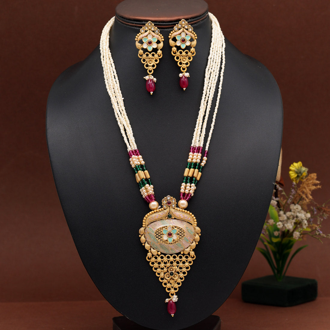Rani & Green Color Long Meenakari Matte Gold Necklace Set (MKN565RNIGRN)