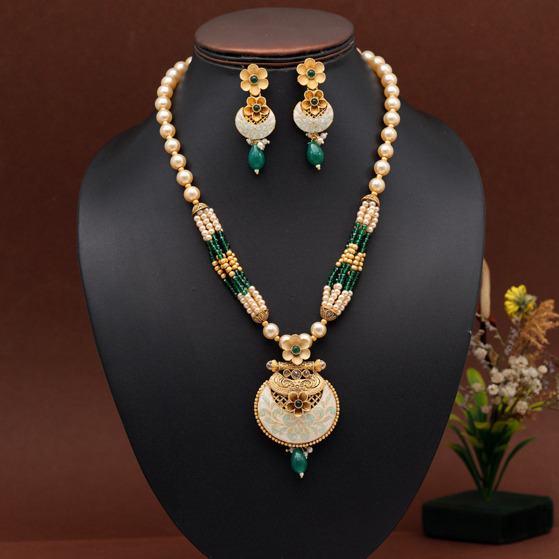 Green Color Long Meenakari Matte Gold Necklace Set (MKN568GRN)