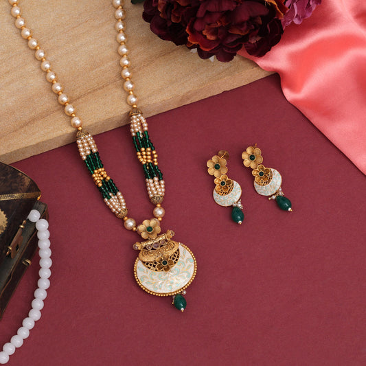 Green Color Long Meenakari Matte Gold Necklace Set (MKN568GRN)