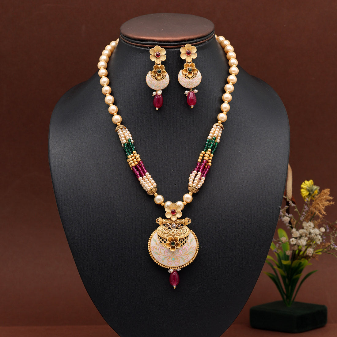 Rani & Green Color Long Meenakari Matte Gold Necklace Set (MKN568RNIGRN)