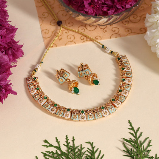 Green Color Matte Gold Meenakari Necklace Set (MKN606GRN)