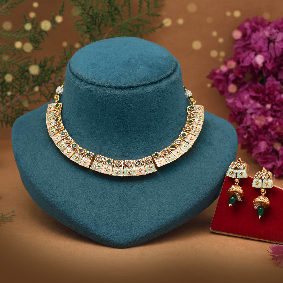 Green Color Matte Gold Meenakari Necklace Set (MKN606GRN)