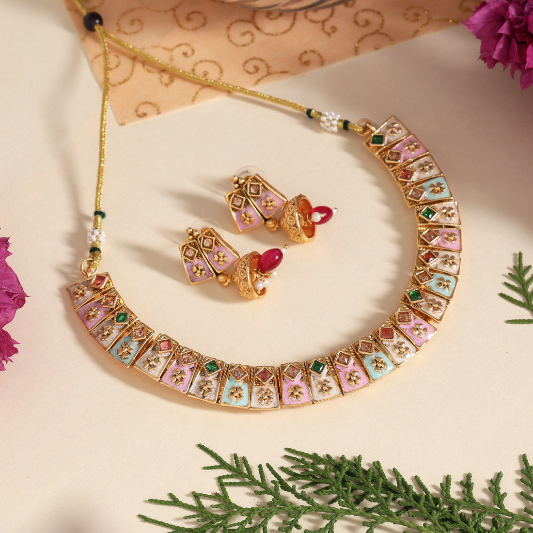 Multi Color Matte Gold Meenakari Necklace Set (MKN606MLT)