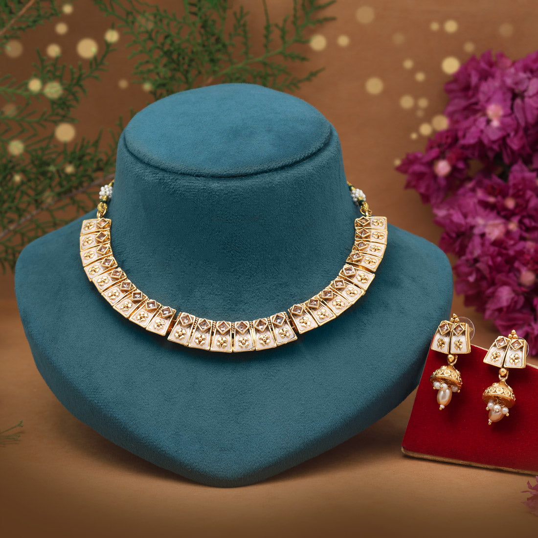 White Color Matte Gold Meenakari Necklace Set (MKN606WHT)