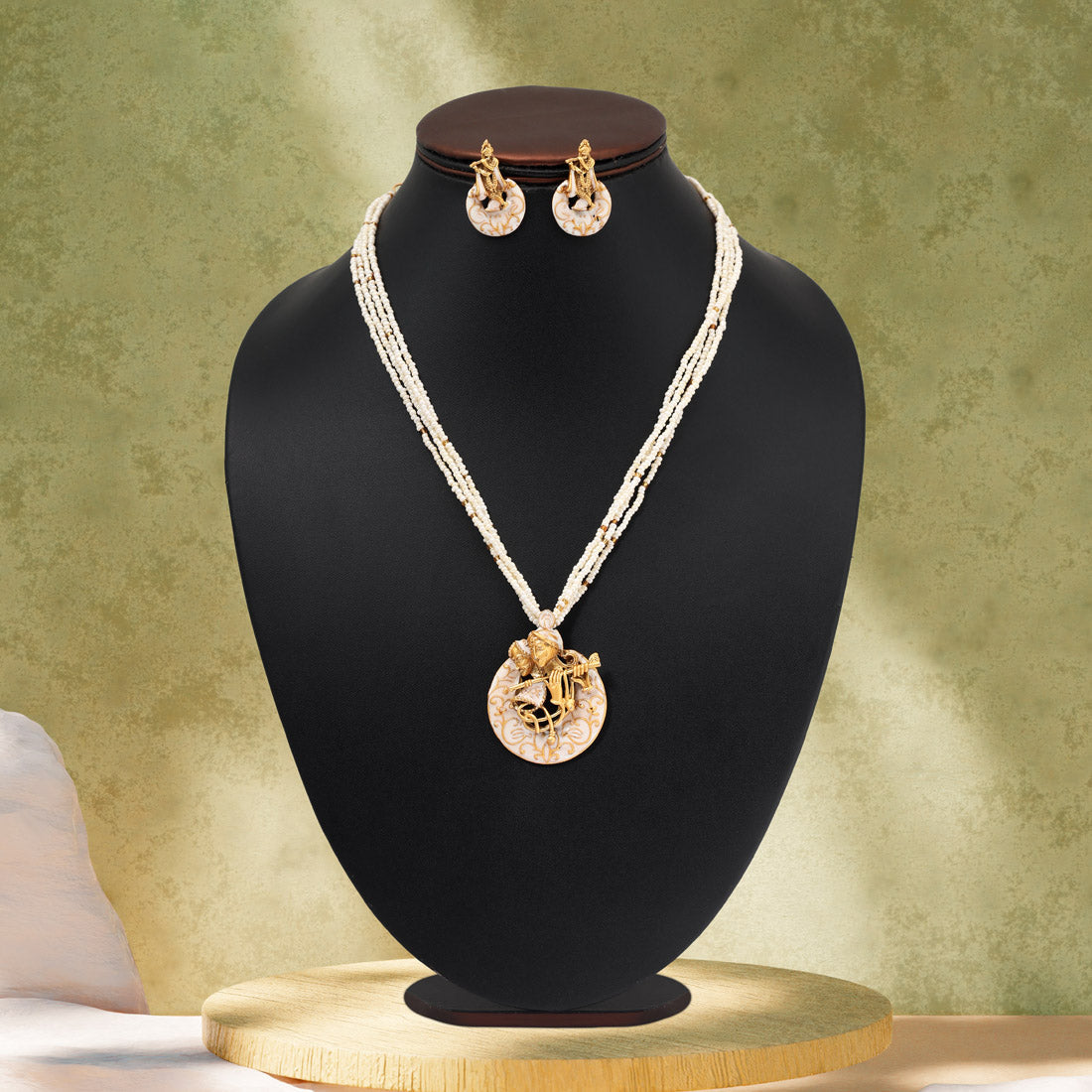 White Color Lord Radha Krishna Matte Gold Meenakari Necklace Set (MKN611WHT)