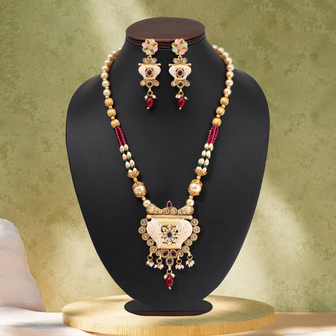 Rani & Green Color Matte Gold Meenakari Necklace Set (MKN612RNIGRN)