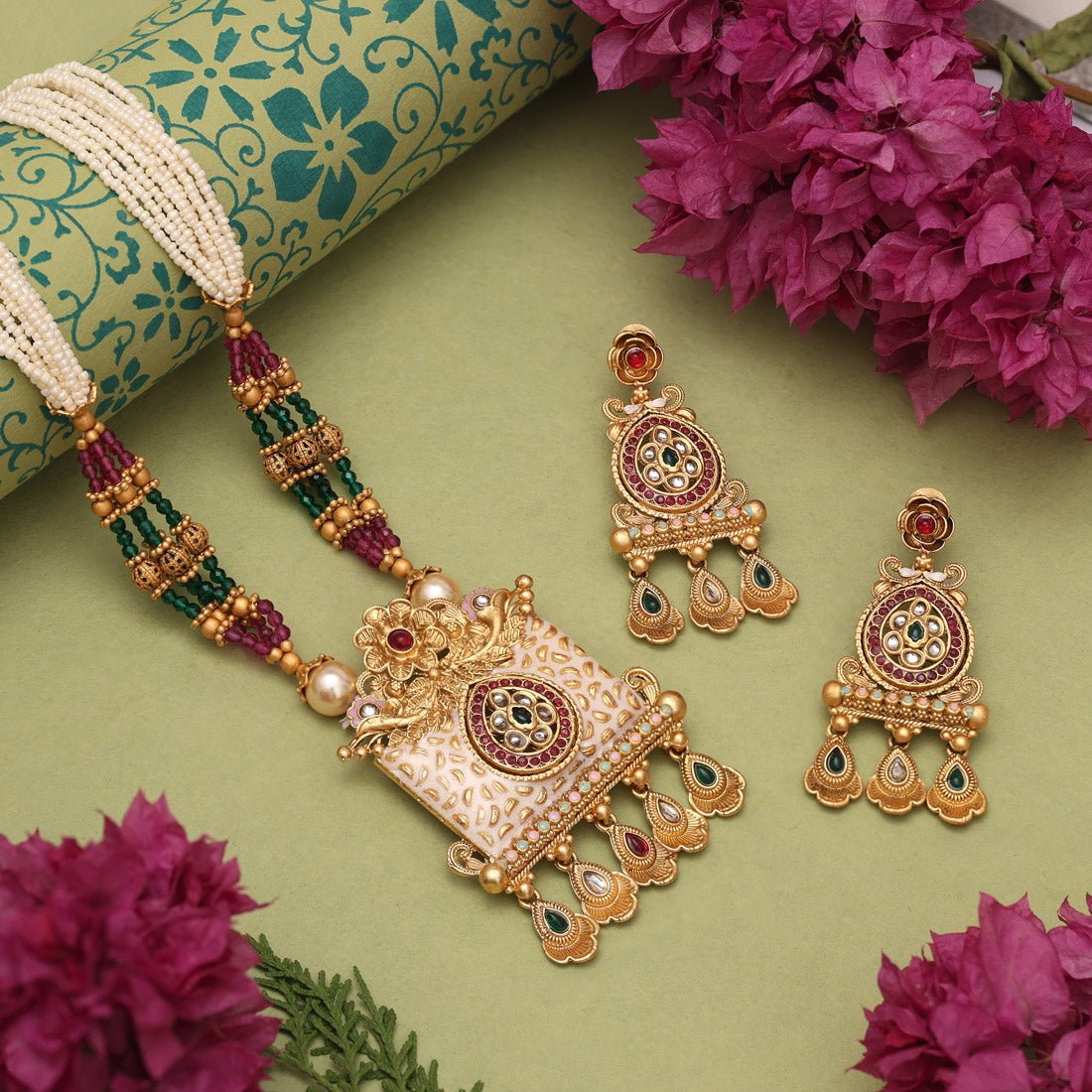 Rani & Green Color Matte Gold Meenakari Necklace Set (MKN616RNIGRN)
