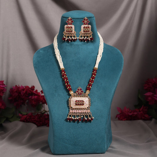 Maroon Color Matte Gold Meenakari Necklace Set