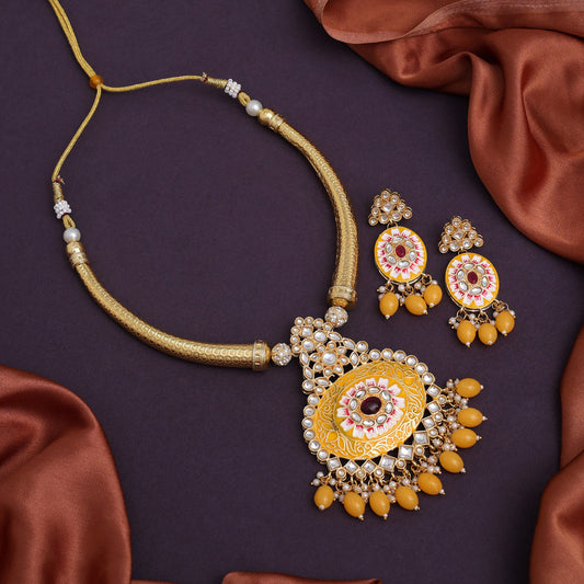 Yellow Color Amazing Handmade Kundan Meenakari Hasli Necklace Of Jaipur (MKN621YLW)