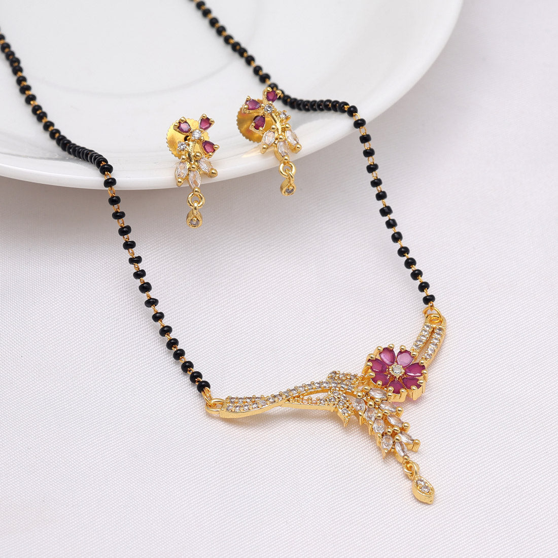 Rani Color American Diamond Mangalsutra With Earrings (MS357RNI)