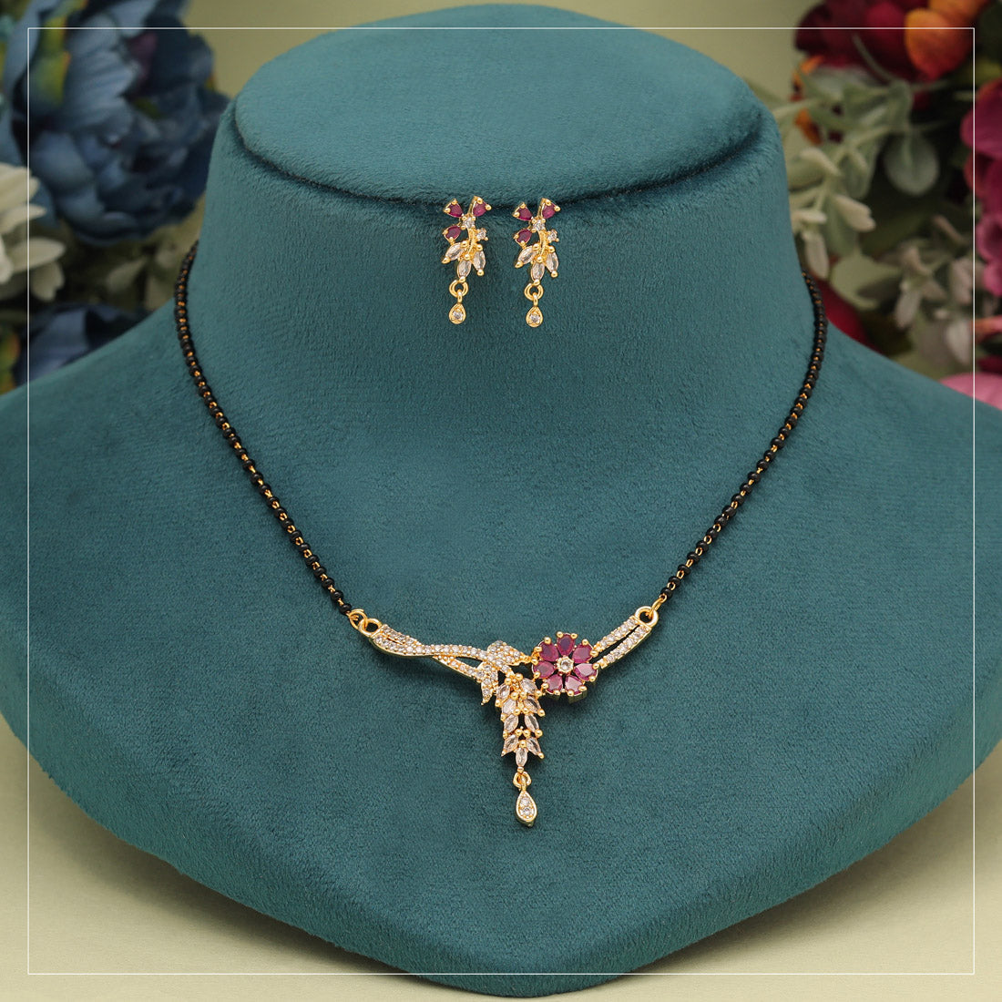 Rani Color American Diamond Mangalsutra With Earrings (MS357RNI)