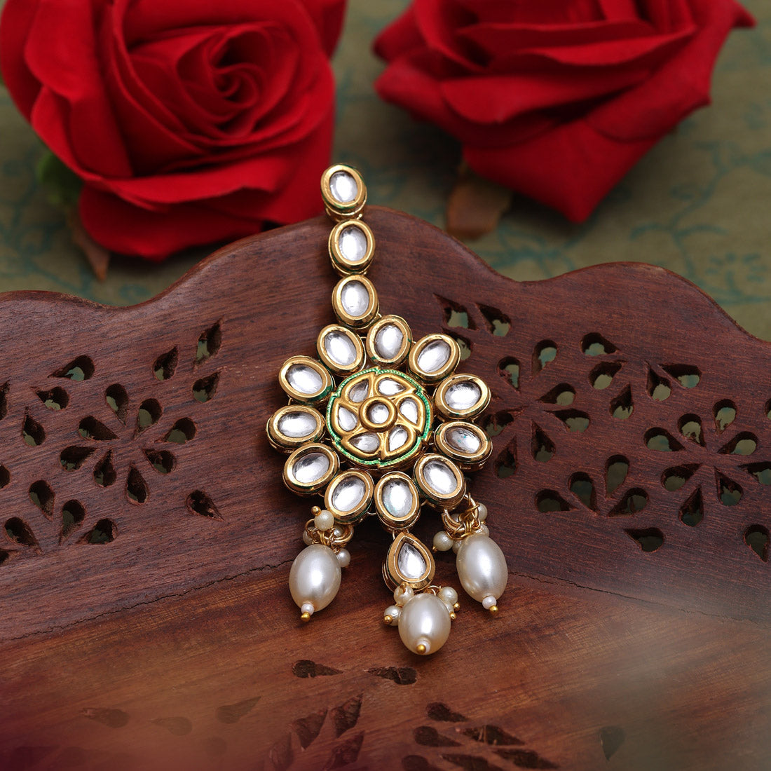 White Color Back Side Meena Work Kundan Maang Tikka (MTK564WHT)