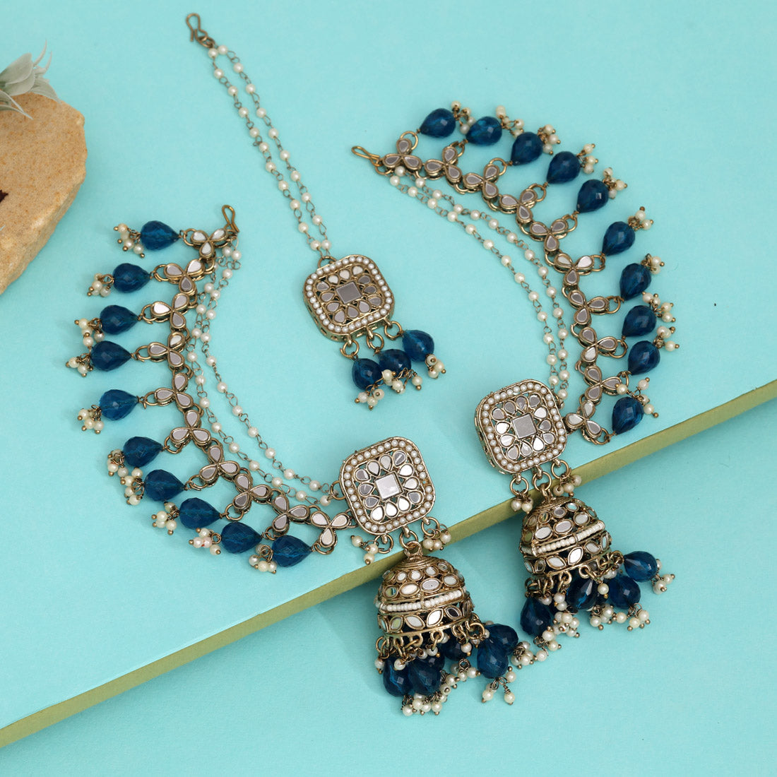Turquoise Blue Color Earrings With Maang Tikka (MTKE473TBLU)