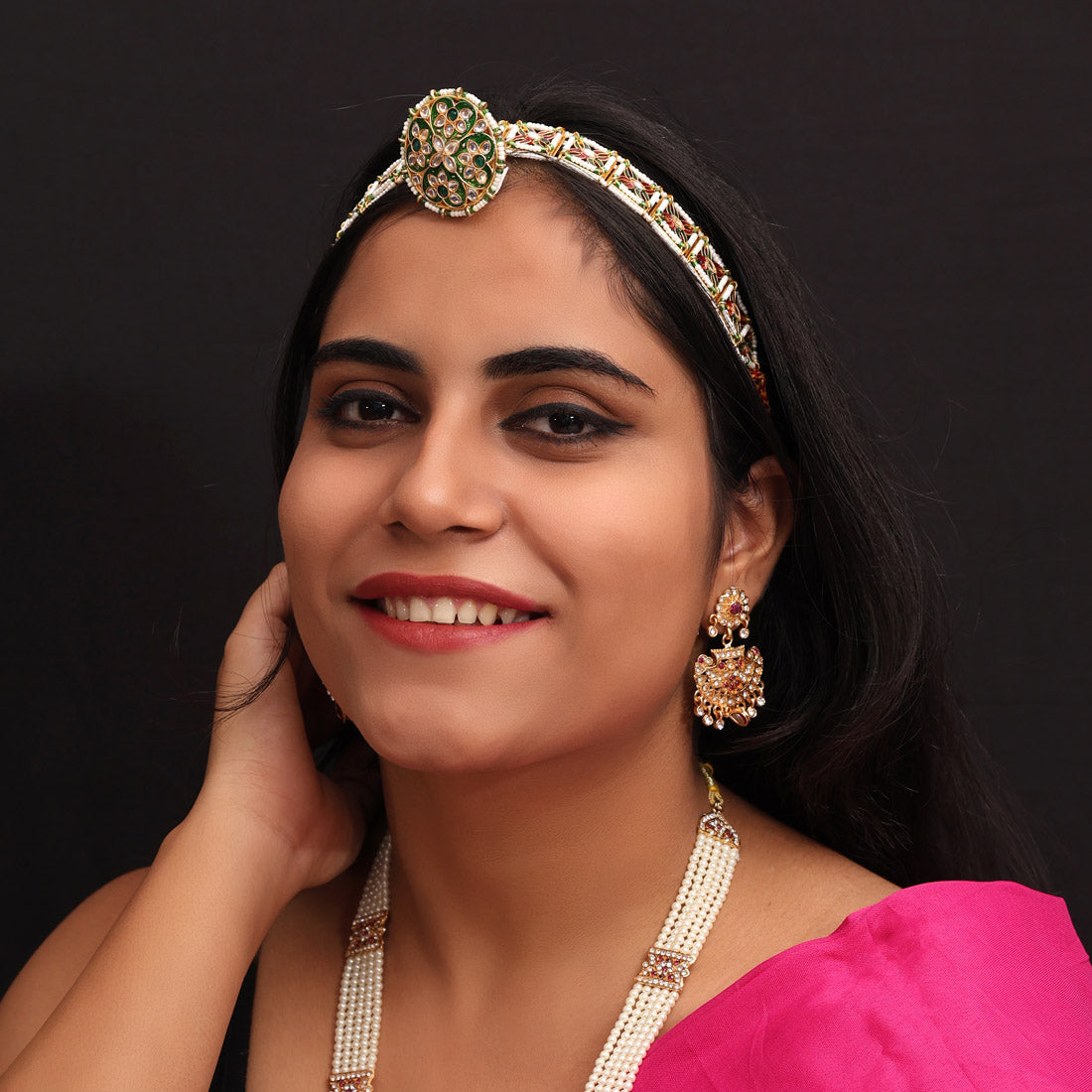 Green Color Rajasthani Borla Kundan Matha Patti (MTP366GRN)