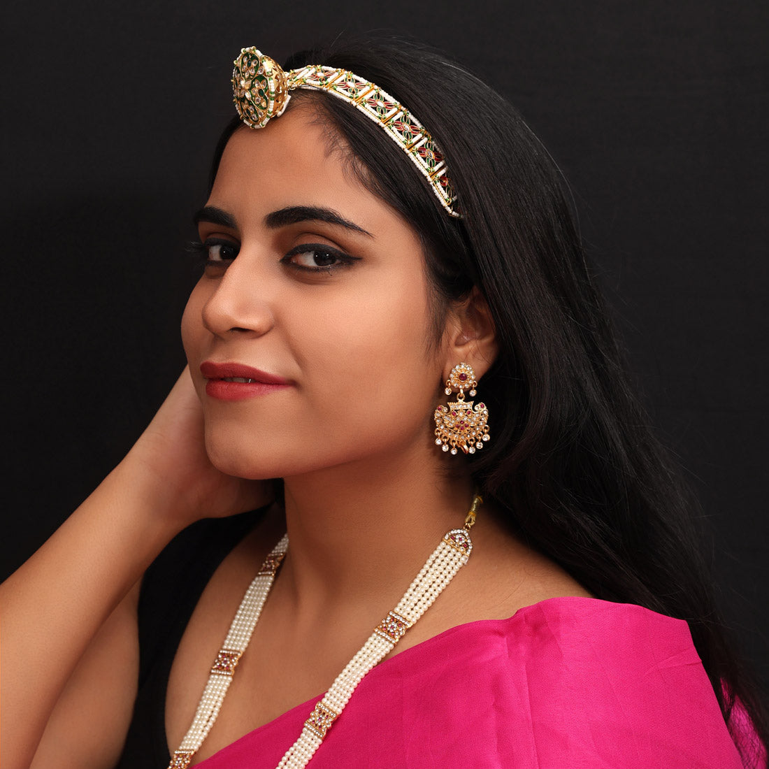 Green Color Rajasthani Borla Kundan Matha Patti (MTP366GRN)