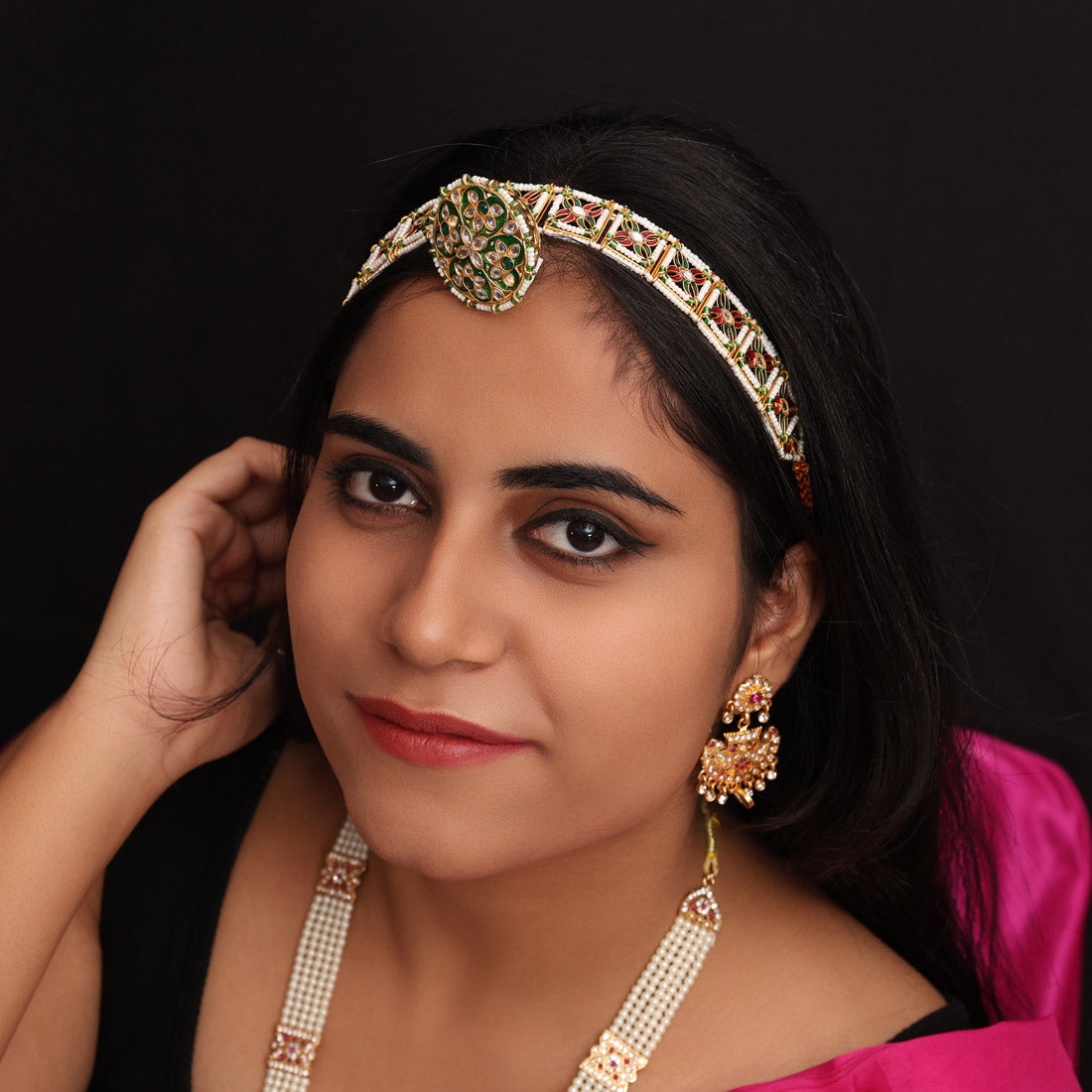 Green Color Rajasthani Borla Kundan Matha Patti (MTP366GRN)