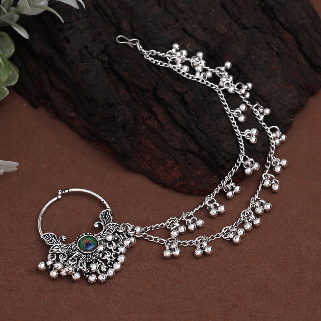 Silver Color Peacock Feather 6 Pieces Of Oxidised Nose Nath (NTH115CMB)