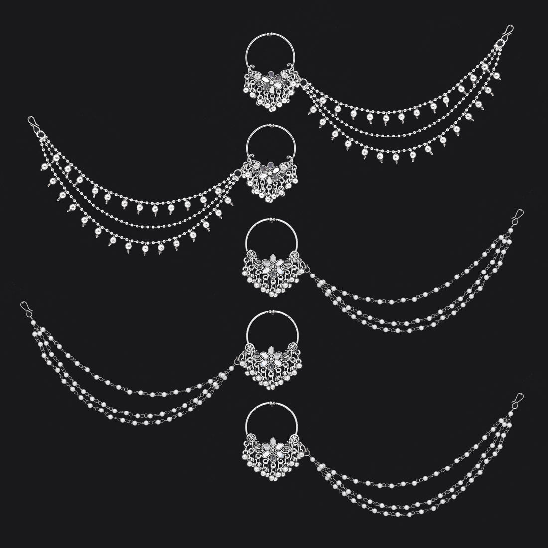 Silver Color 5 Pieces Of Oxidised Nose Nath (NTH120CMB)