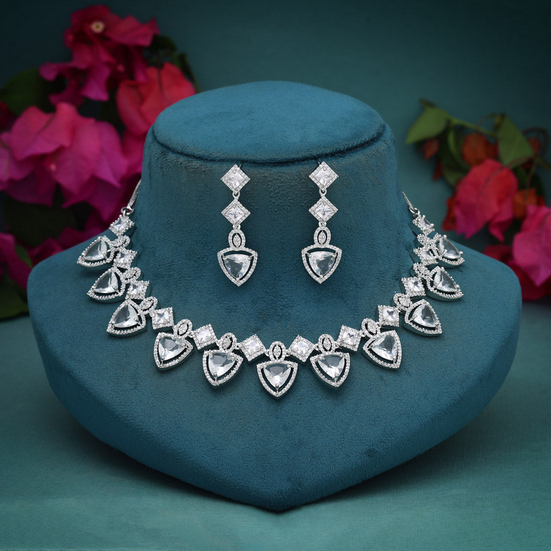 Silver Color American Diamond Necklace Set (PCZN871SLV-PR)
