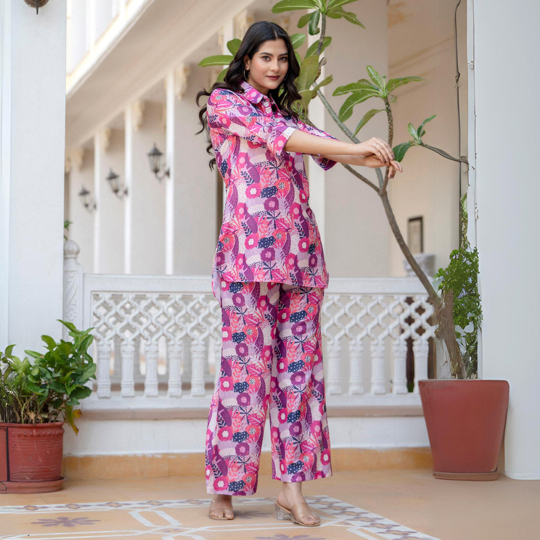 Pink Color Co-ord Set With Rolled-Up Sleeves