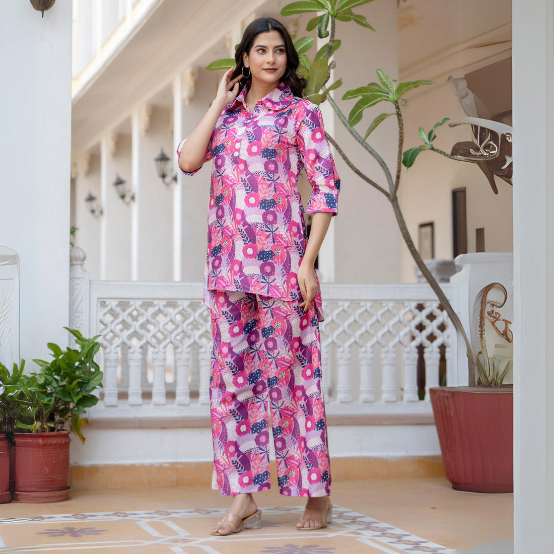 Pink Color Co-ord Set With Rolled-Up Sleeves (RK217PNK)