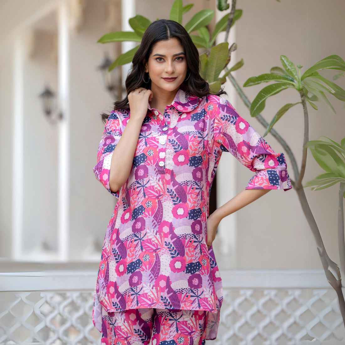 Pink Color Co-ord Set With Rolled-Up Sleeves