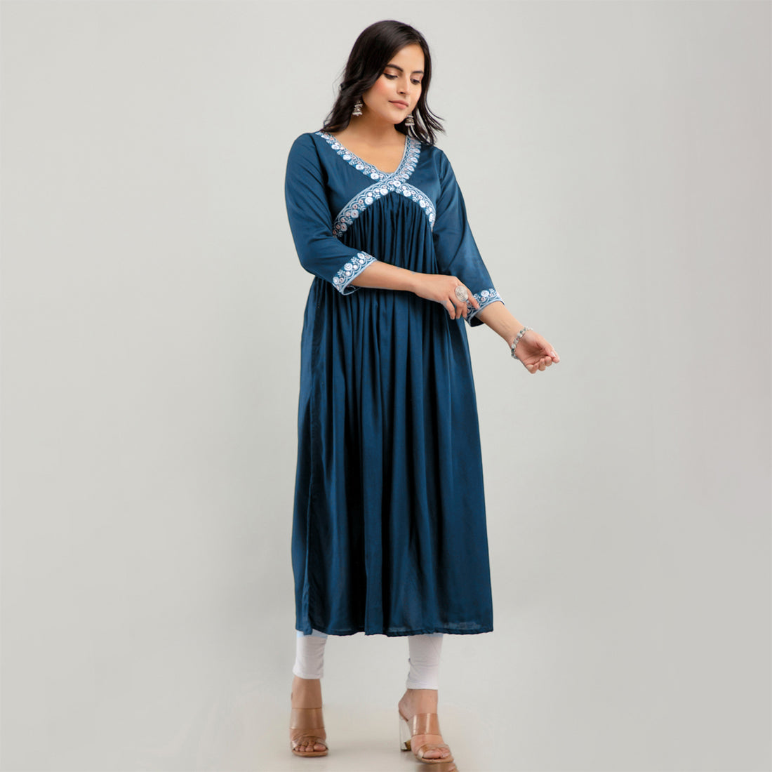 Turquoise Blue Color Embroidered Aliya Cut Kurta (RK227TBLU)