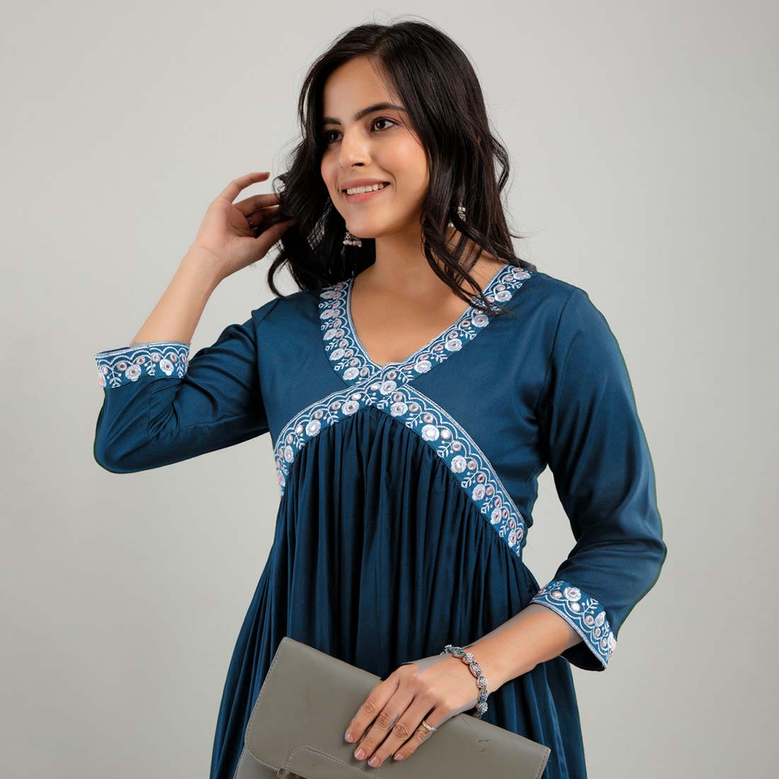 Turquoise Blue Color Embroidered Aliya Cut Kurta