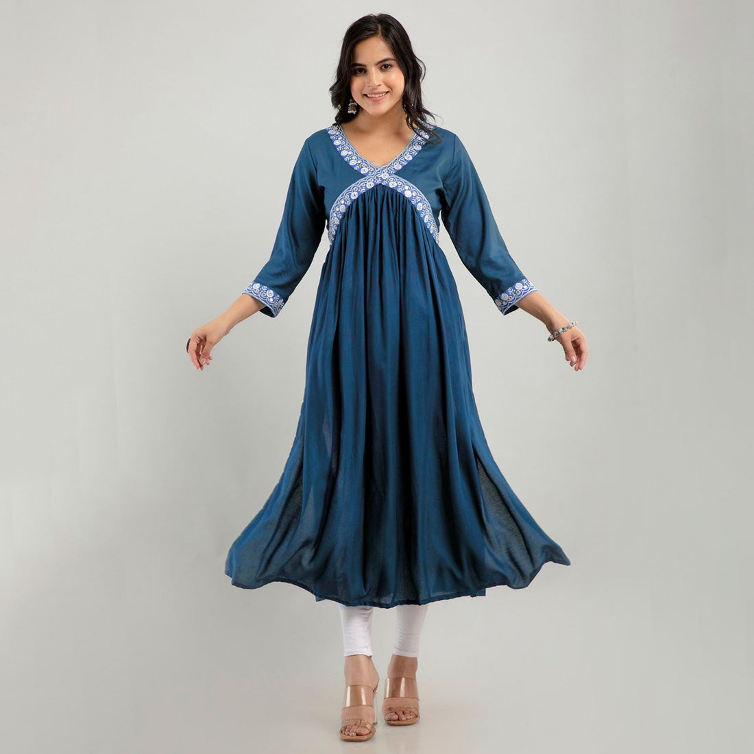 Turquoise Blue Color Embroidered Aliya Cut Kurta