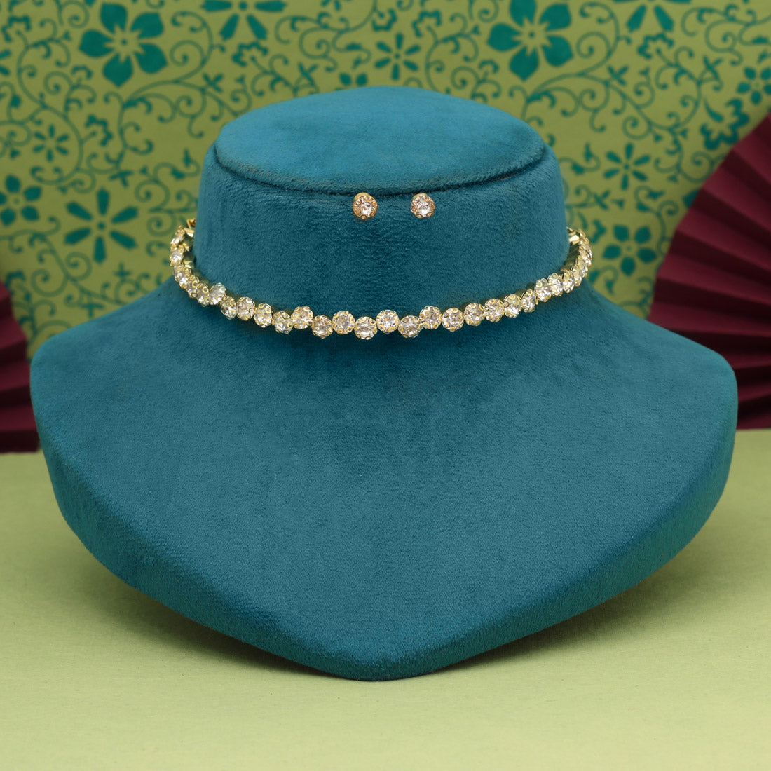 White Color Choker Stone Necklace Set (STN204WHT)