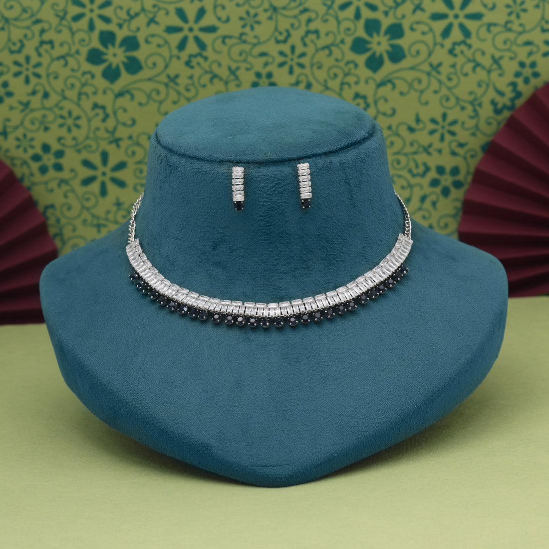 Navy Blue Color Stone Necklace Set (STN207NBLU)