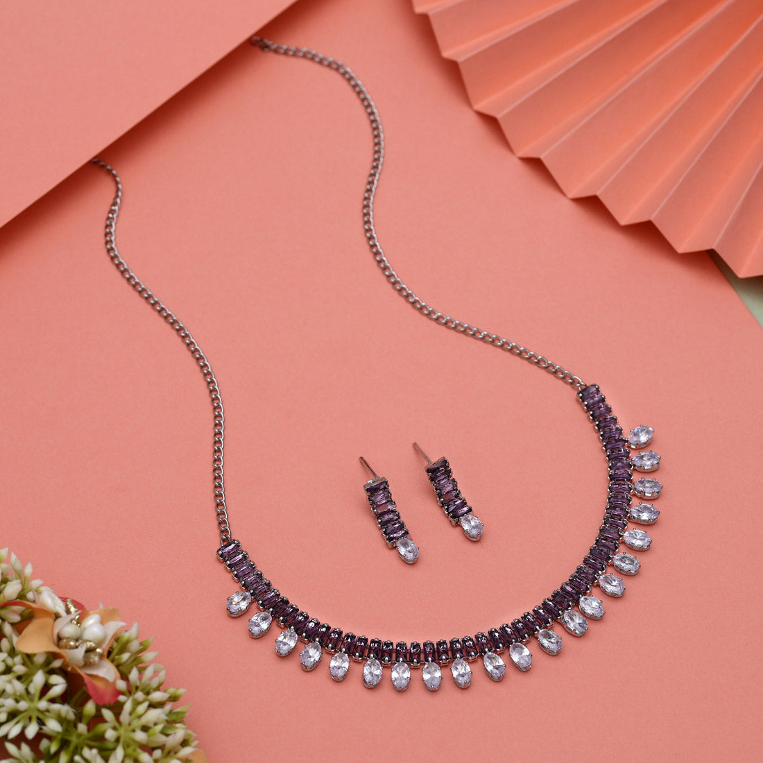 Purple Color Stone Necklace Set (STN209PRP)