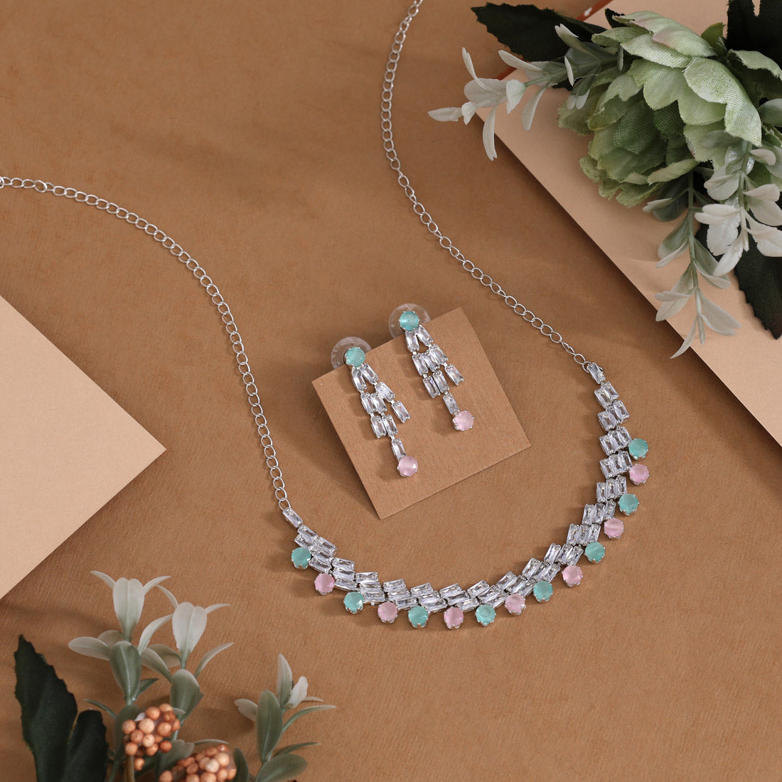 Pink & Pista Green Color Stone Necklace Set (STN236PNKPGRN)