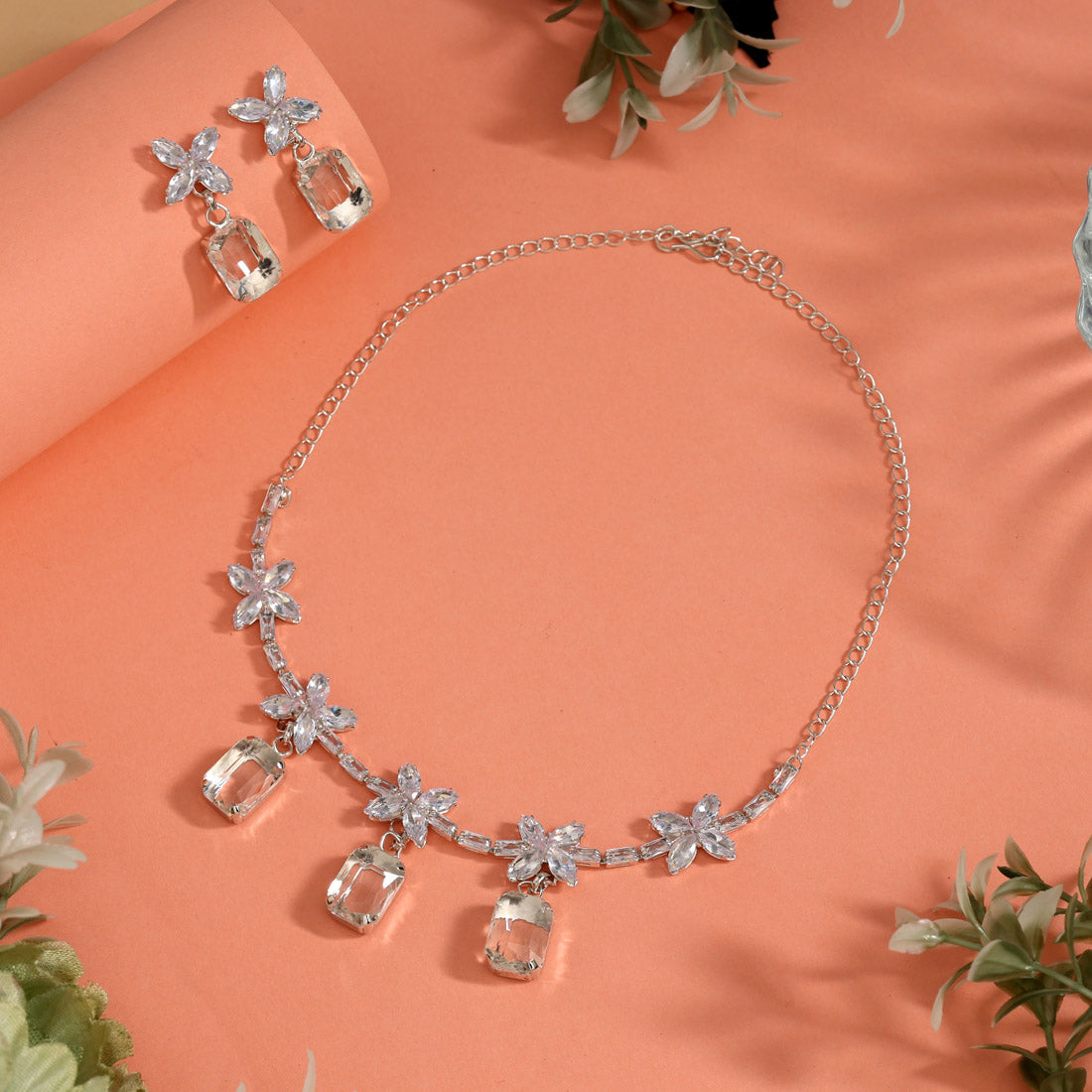 White Color Stone Necklace Set (STN243WHT)