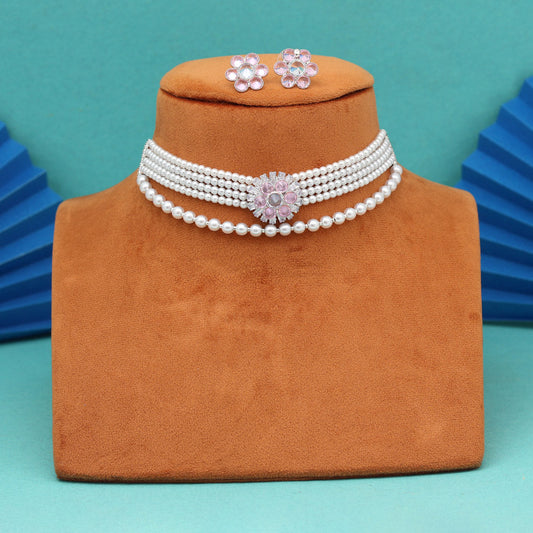 Baby Pink Color Choker Stone Necklace Set (STN244BPNK)