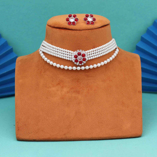 Red Color Choker Stone Necklace Set (STN244RED)