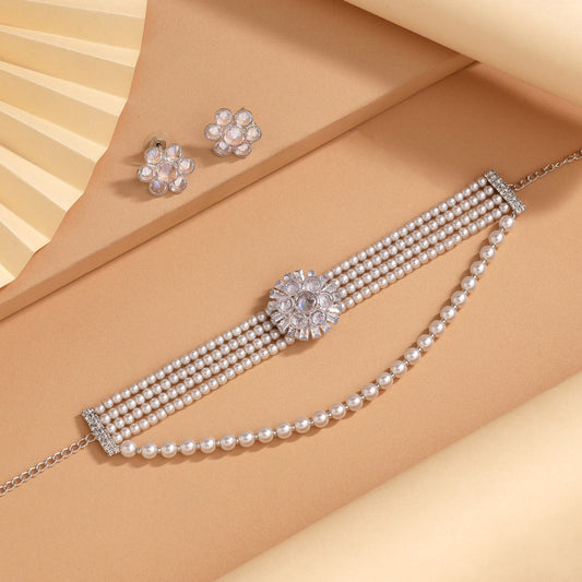 White Color Choker Stone Necklace Set (STN244WHT)