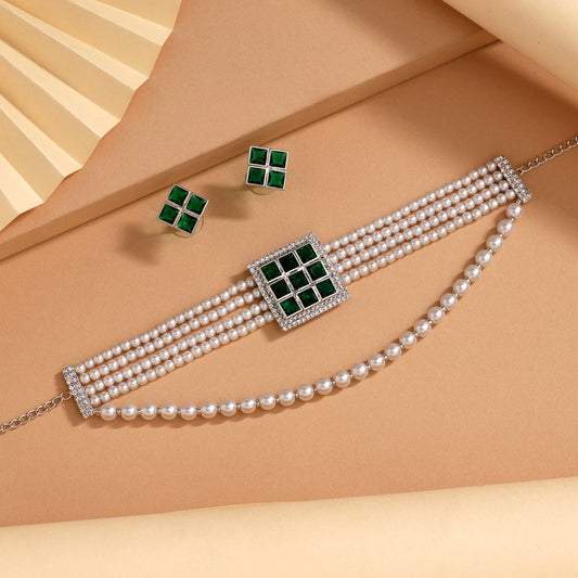 Green Color Choker Stone Necklace Set (STN245GRN)