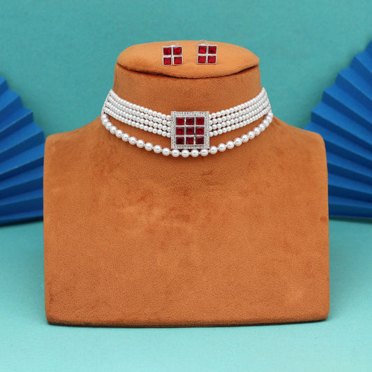 Red Color Choker Stone Necklace Set (STN245RED)