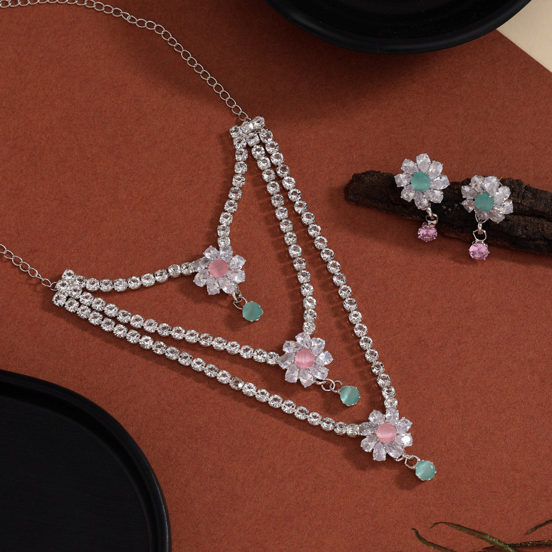 Pink & Pista Green Color Stone Necklace Set