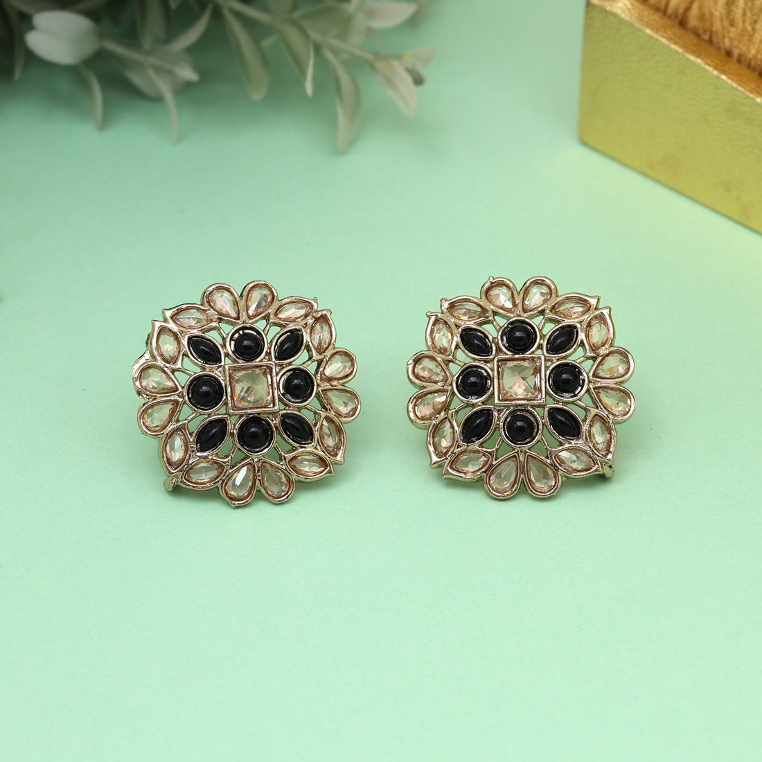 Sleek Black Color Tops Stud Earrings