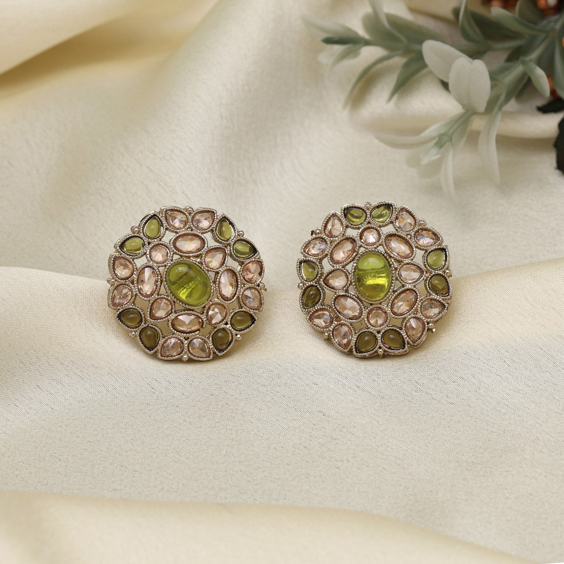 Ethnic Mehandi Green Color Tops Stud Earrings