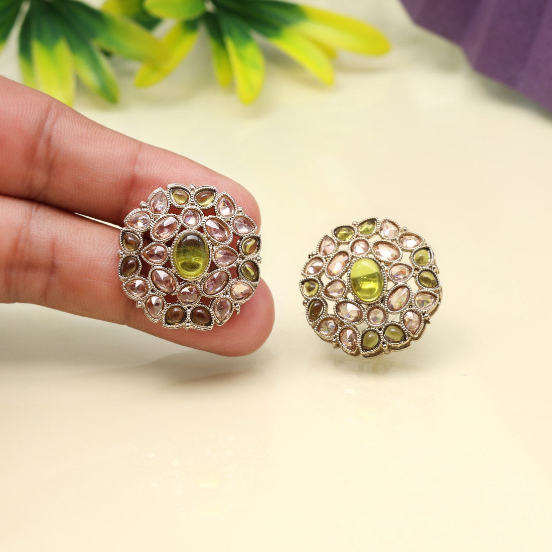 Ethnic Mehandi Green Color Tops Stud Earrings