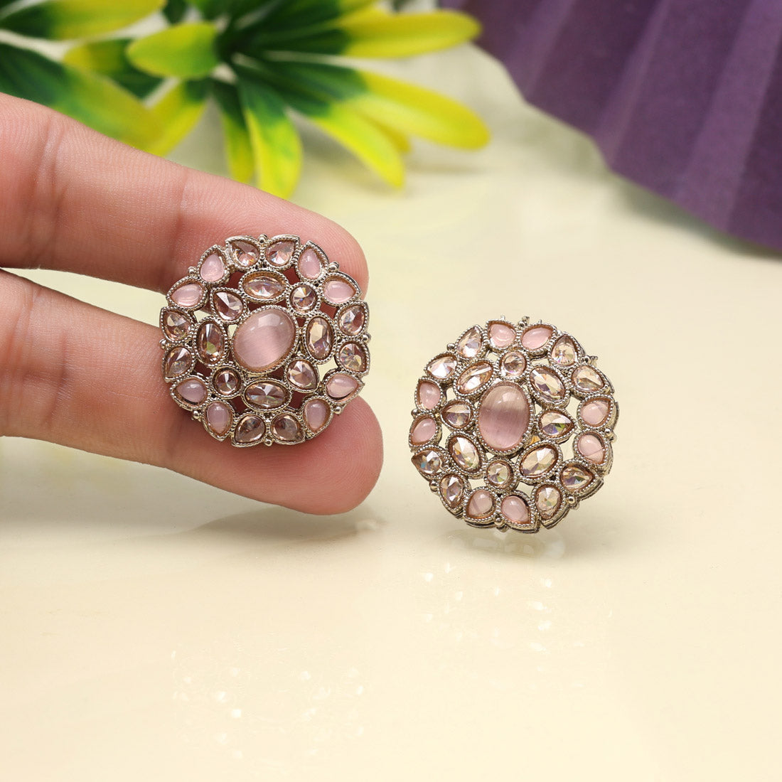 Rosy Pink Color Tops Stud Earrings